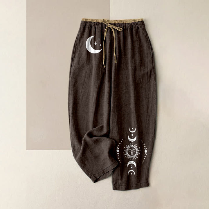 Buddha Stones Pantalon pour femme en pur coton, élégant, à taille élastique et poches, orné d'un motif céleste représentant les phases de la lune. - SaddleBrown - US16，UK/AU20，EU48 (3XL) - image 4