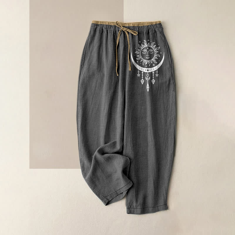 Buddha Stones Pantalon pour femme en pur coton, motif soleil et lune céleste, taille élastique et poches - Gris terne - US16，UK/AU20，EU48 (3XL) - image 0