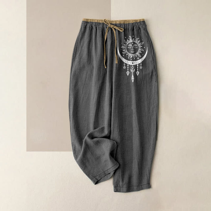 Buddha Stones Pantalon pour femme en pur coton, motif soleil et lune céleste, taille élastique et poches - Gris terne - US16，UK/AU20，EU48 (3XL) - image 0