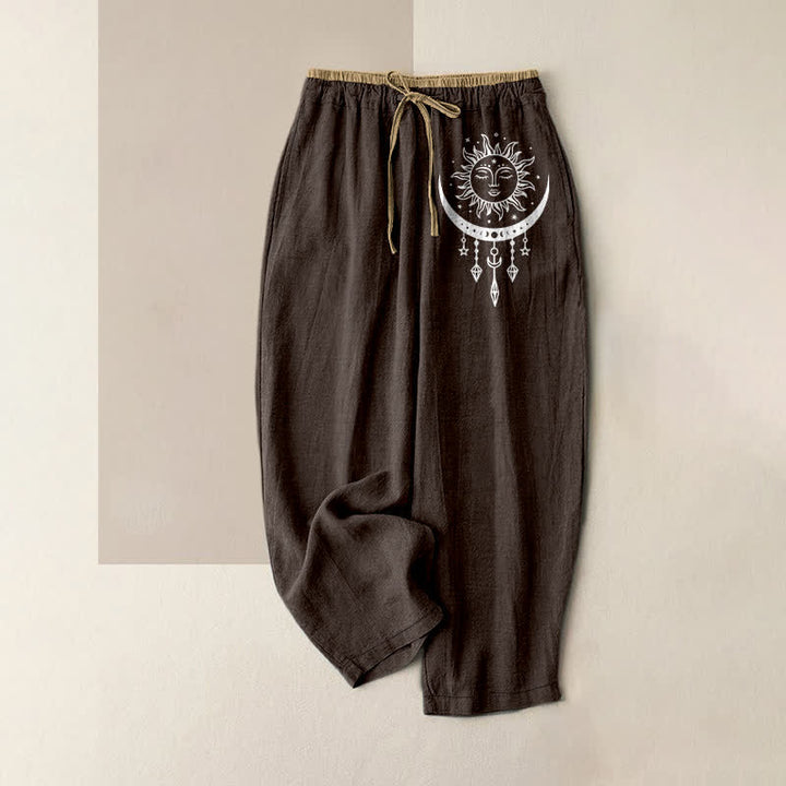 Buddha Stones Pantalon pour femme en pur coton, motif soleil et lune céleste, taille élastique et poches - SaddleBrown - US16，UK/AU20，EU48 (3XL) - image 4