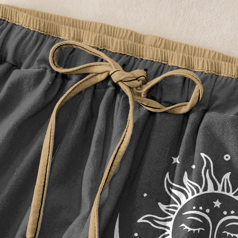 Buddha Stones Pantalon pour femme en pur coton, motif soleil et lune céleste, taille élastique et poches - image 1