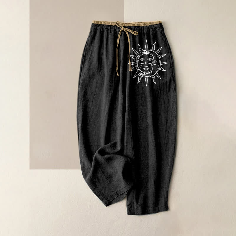 Buddha Stones Pantalon pour femme en pur coton à motif soleil céleste, taille élastique et poches - Noir - US16，UK/AU20，EU48 (3XL) - image 0