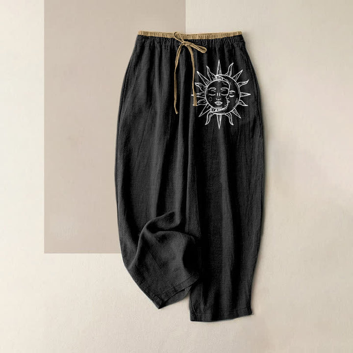 Buddha Stones Pantalon pour femme en pur coton à motif soleil céleste, taille élastique et poches - Noir - US16，UK/AU20，EU48 (3XL) - image 0
