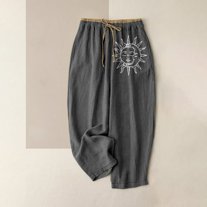 Buddha Stones Pantalon pour femme en pur coton à motif soleil céleste, taille élastique et poches - Gris terne - US16，UK/AU20，EU48 (3XL) - image 5