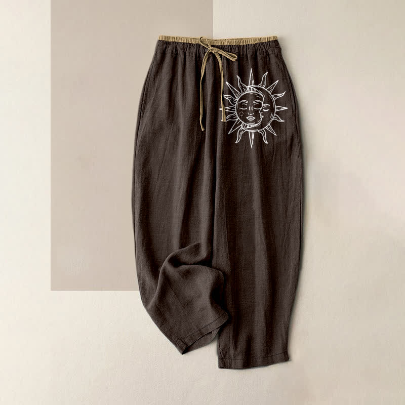 Buddha Stones Pantalon pour femme en pur coton à motif soleil céleste, taille élastique et poches - SaddleBrown - US16，UK/AU20，EU48 (3XL) - image 4