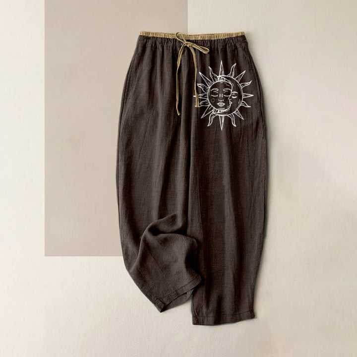 Buddha Stones Pantalon pour femme en pur coton à motif soleil céleste, taille élastique et poches - SaddleBrown - US16，UK/AU20，EU48 (3XL) - image 4