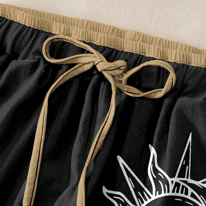 Buddha Stones Pantalon pour femme en pur coton à motif soleil céleste, taille élastique et poches - image 1