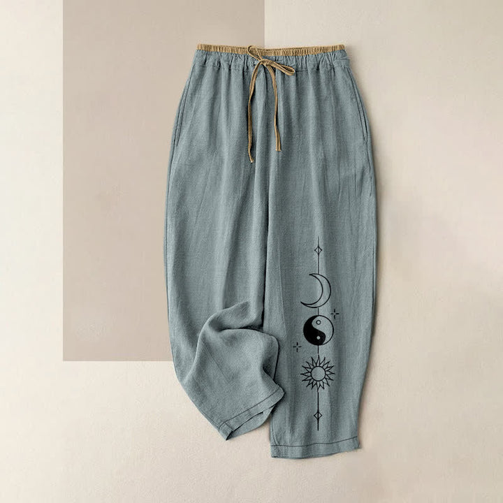 Buddha Stones Pantalon pour femme en pur coton, motif céleste Yin Yang, taille élastique et poches - Bleu clair - US16，UK/AU20，EU48 (3XL) - image 5