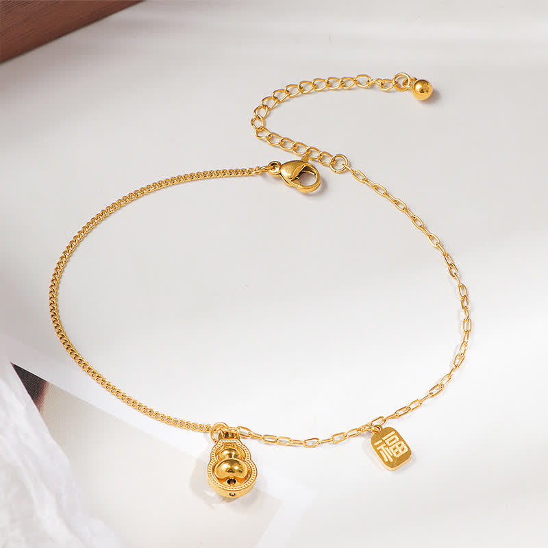 Buddha Stones Bracelet de cheville porte-bonheur en acier titane avec motif Fu et gourde rotative - image 1