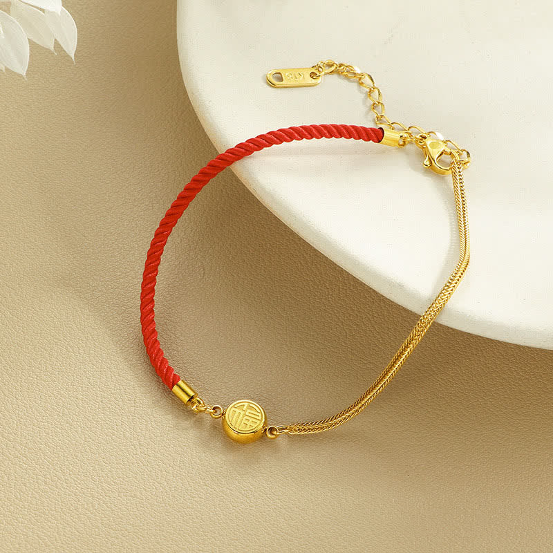 Buddha Stones Bracelet de cheville tressé en acier titane avec symbole Fu et fil rouge porte-bonheur - image 1