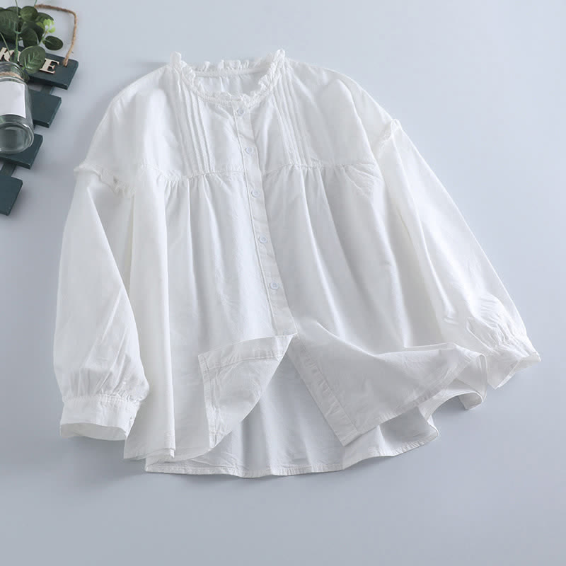 Buddha Stones Chemises à manches longues plissées, style vintage décontracté printanier, boutonnées, unies, pour femmes - Blanc - US8-10, UK/AU12-14, EU40-42 (2XL) - image 8