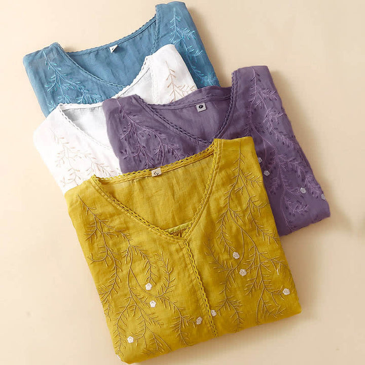 T-shirt femme à manches courtes et col en V, motif brodé de branches de fleurs et de Buddha Stones, style décontracté d'été - image 8