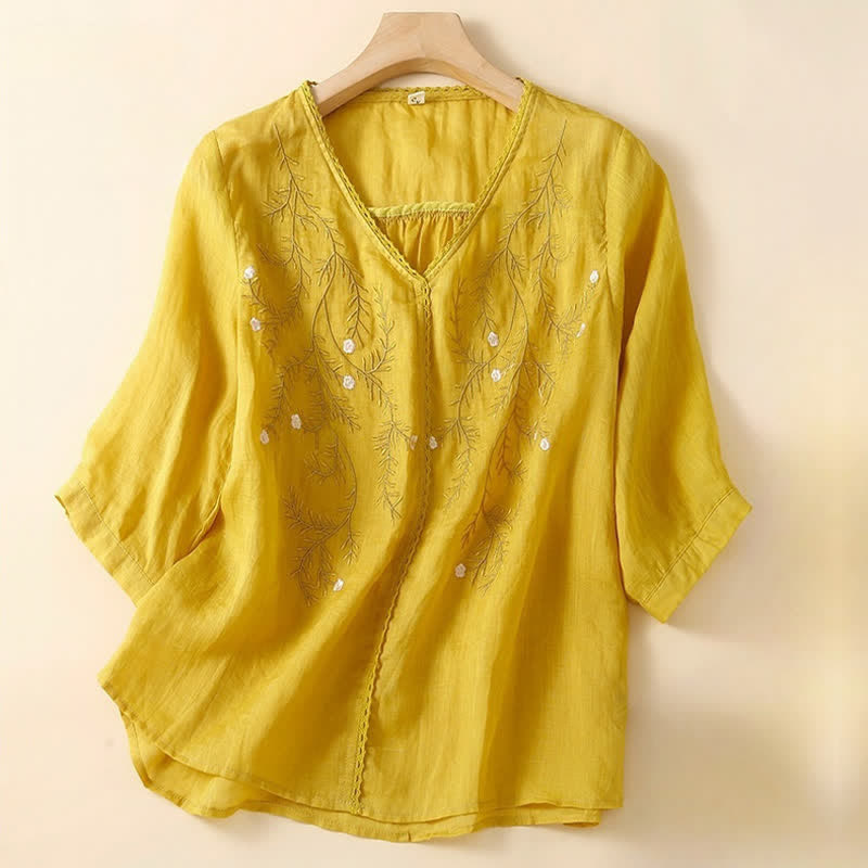 T-shirt femme à manches courtes et col en V, motif brodé de branches de fleurs et de Buddha Stones, style décontracté d'été - Or - US8-10，UK/AU12-14，EU40-42 (2XL) - image 0