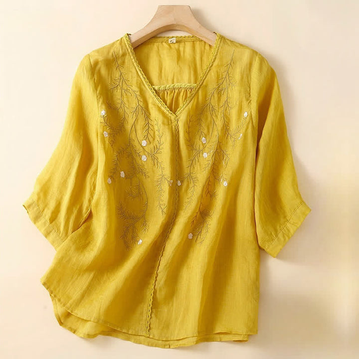 T-shirt femme à manches courtes et col en V, motif brodé de branches de fleurs et de Buddha Stones, style décontracté d'été - Or - US8-10，UK/AU12-14，EU40-42 (2XL) - image 0