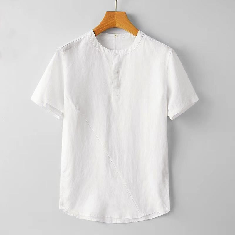 Chemise homme en polyester et lin, manches courtes, couleur unie , Buddha Stones - Blanc - US/UK/AU44，EU54 (4XL) - image 1