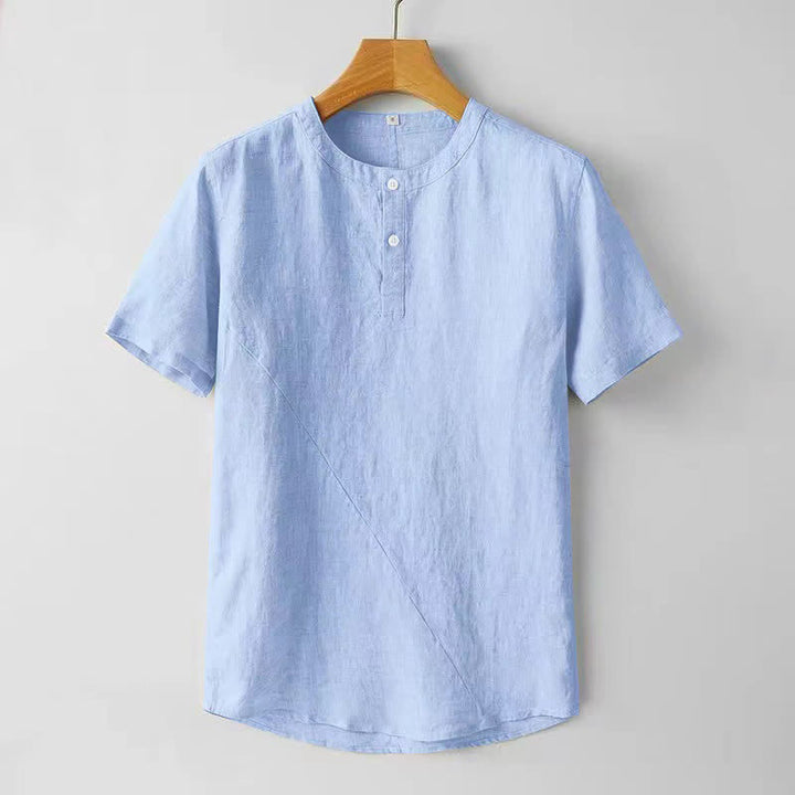 Chemise homme en polyester et lin, manches courtes, couleur unie , Buddha Stones - Bleu ciel clair - US/UK/AU44，EU54 (4XL) - image 6