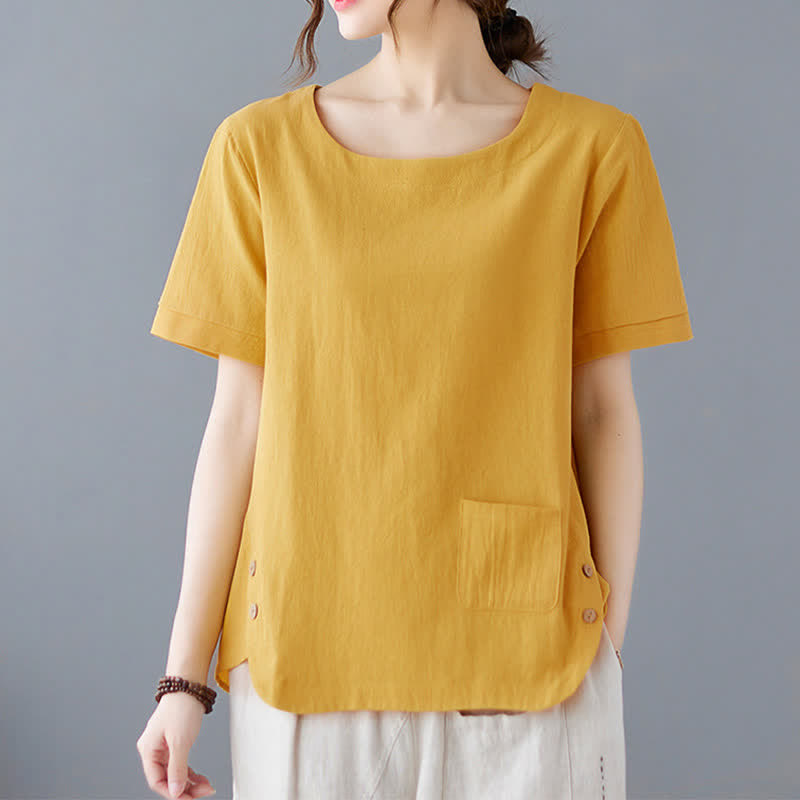 T-shirt à manches courtes et col rond en coton et polyester avec poche, orné de Buddha Stones et fendu sur le côté - Jaune - US14，UK/AU18，EU46 (4XL) - image 0