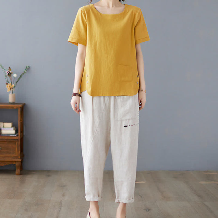 T-shirt à manches courtes et col rond en coton et polyester avec poche, orné de Buddha Stones et fendu sur le côté - image 6
