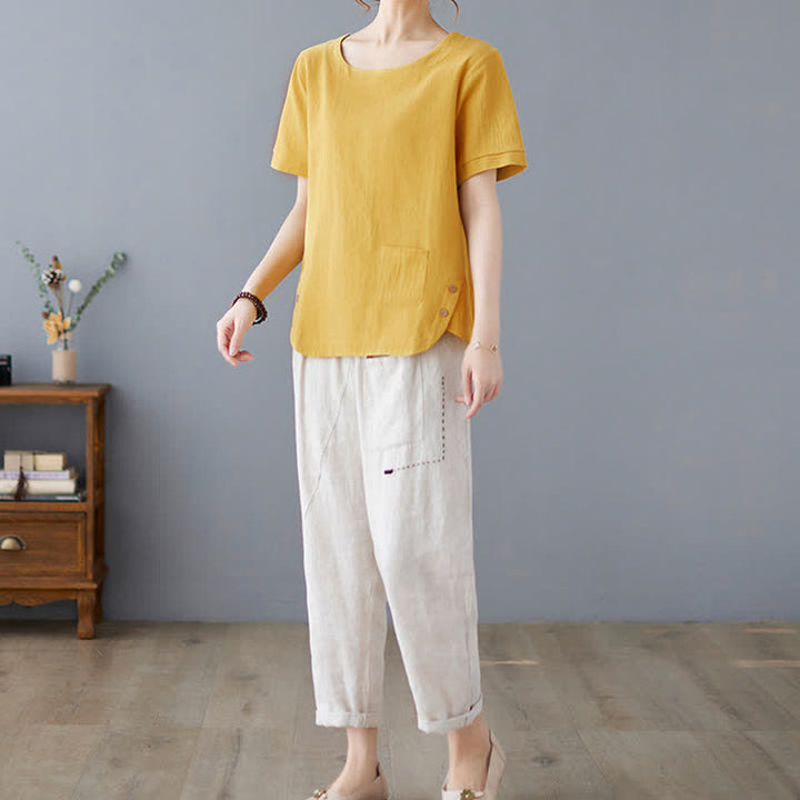 T-shirt à manches courtes et col rond en coton et polyester avec poche, orné de Buddha Stones et fendu sur le côté - image 7