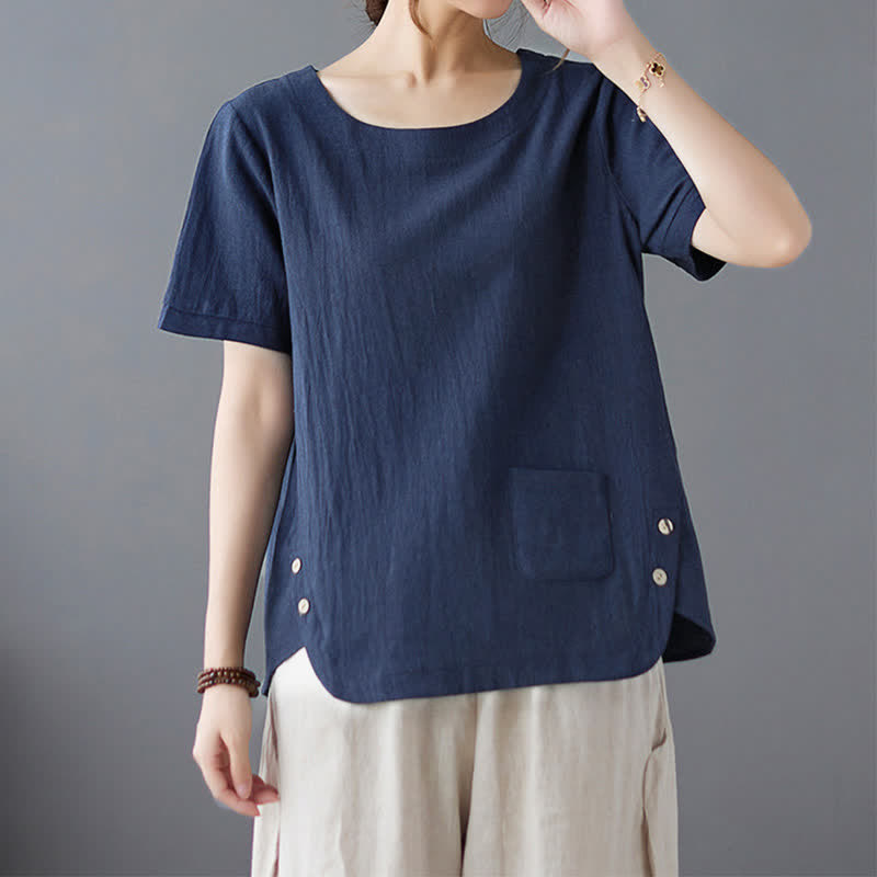 T-shirt à manches courtes et col rond en coton et polyester avec poche, orné de Buddha Stones et fendu sur le côté - Marine - US14，UK/AU18，EU46 (4XL) - image 18