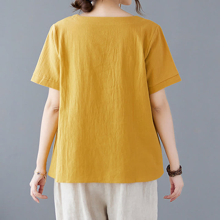 T-shirt à manches courtes et col rond en coton et polyester avec poche, orné de Buddha Stones et fendu sur le côté - image 3