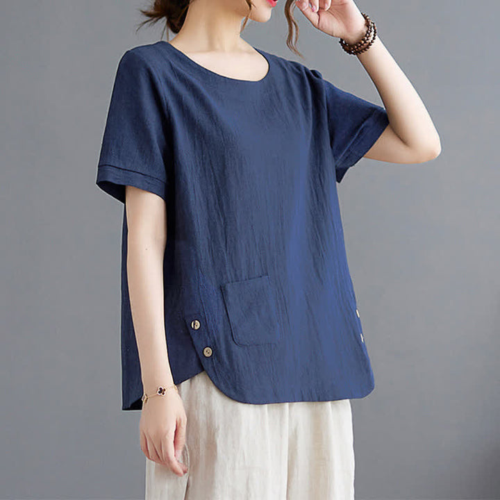 T-shirt à manches courtes et col rond en coton et polyester avec poche, orné de Buddha Stones et fendu sur le côté - image 19