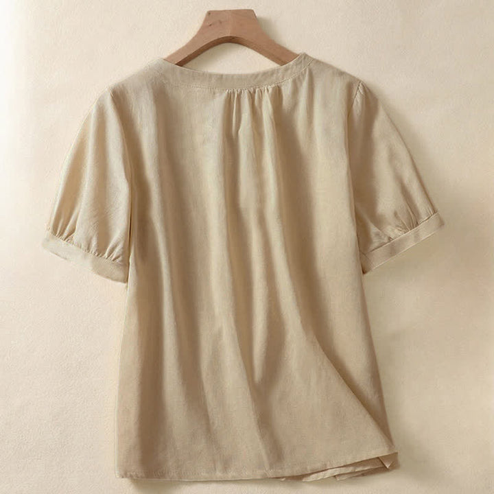 Chemise en lin décontractée pour femme, col rond uni, manches courtes, à boutons, motif Buddha Stones - image 1