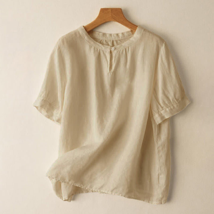 Chemise en lin décontractée pour femme, col rond uni, manches courtes, à boutons, motif Buddha Stones - Beige - US8-10，UK/AU12-14，EU40-42 (2XL) - image 0