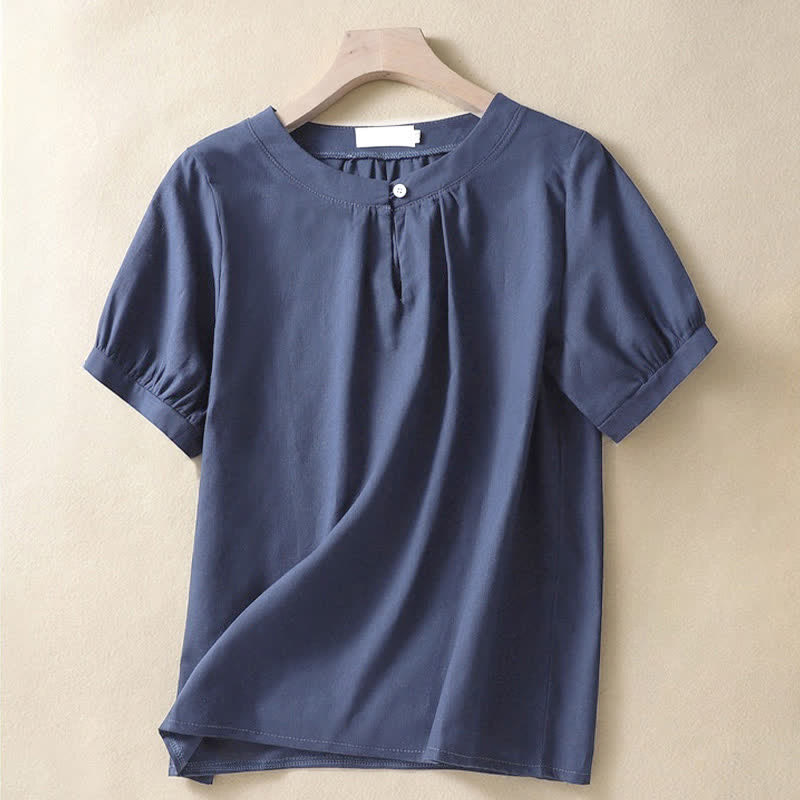 Chemise en lin décontractée pour femme, col rond uni, manches courtes, à boutons, motif Buddha Stones - Marine - US8-10，UK/AU12-14，EU40-42 (2XL) - image 6