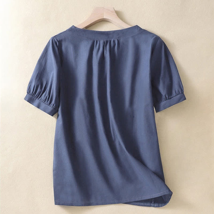 Chemise en lin décontractée pour femme, col rond uni, manches courtes, à boutons, motif Buddha Stones - image 7