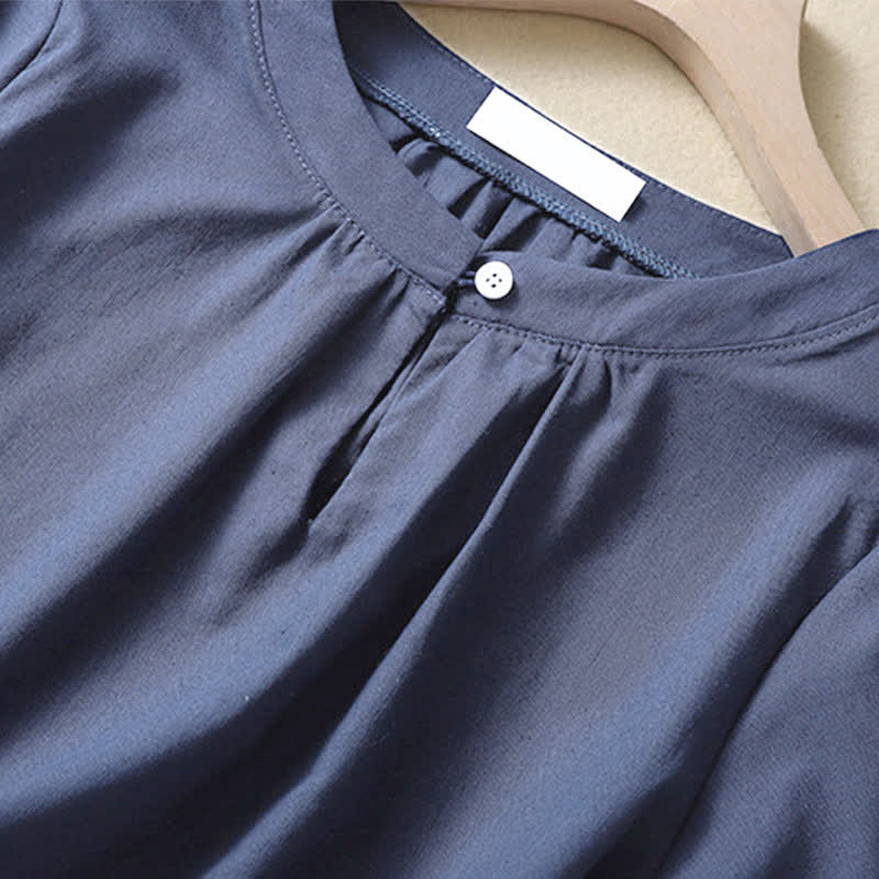 Chemise en lin décontractée pour femme, col rond uni, manches courtes, à boutons, motif Buddha Stones - image 9