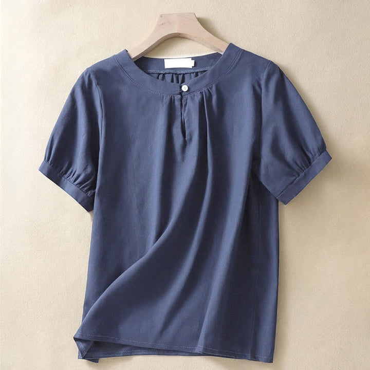 Chemise en lin décontractée pour femme, col rond uni, manches courtes, à boutons, motif Buddha Stones - Marine - US8-10，UK/AU12-14，EU40-42 (2XL) - image 6