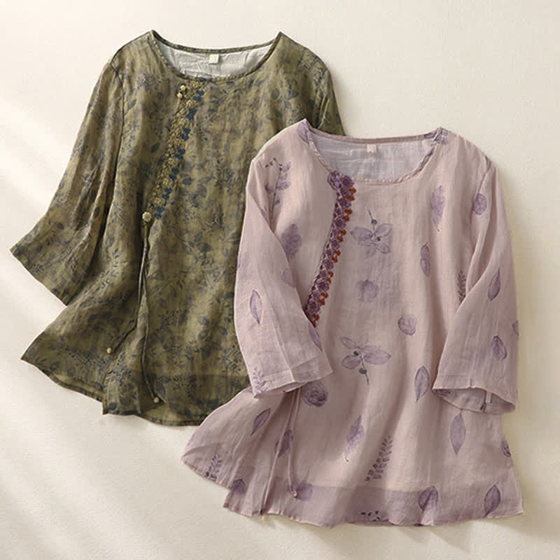 Chemise femme en coton et lin à manches trois-quarts avec broderie de Buddha Stones - image 20