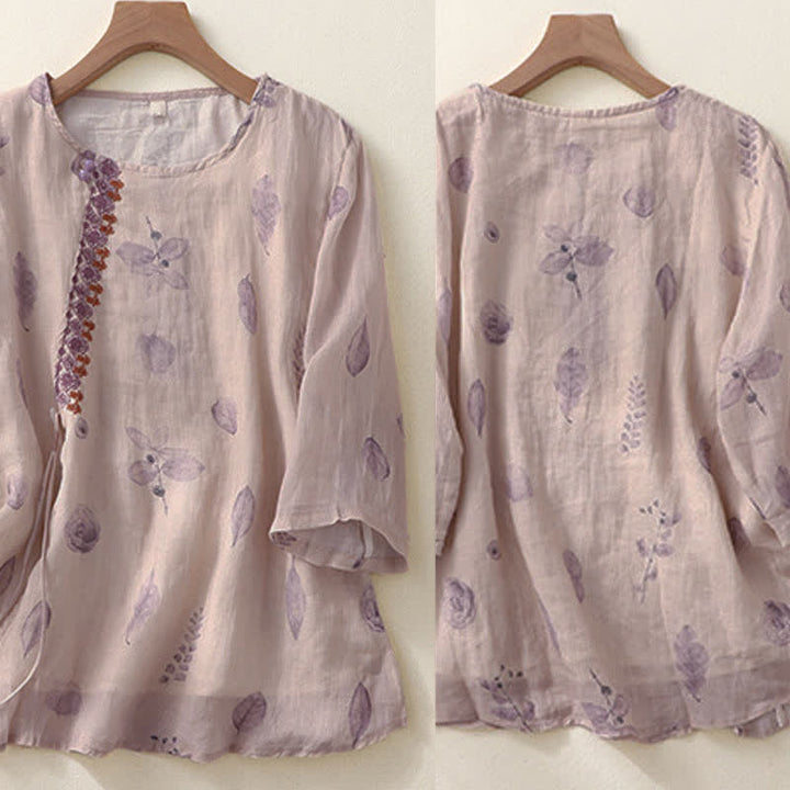Chemise femme en coton et lin à manches trois-quarts avec broderie de Buddha Stones - image 2