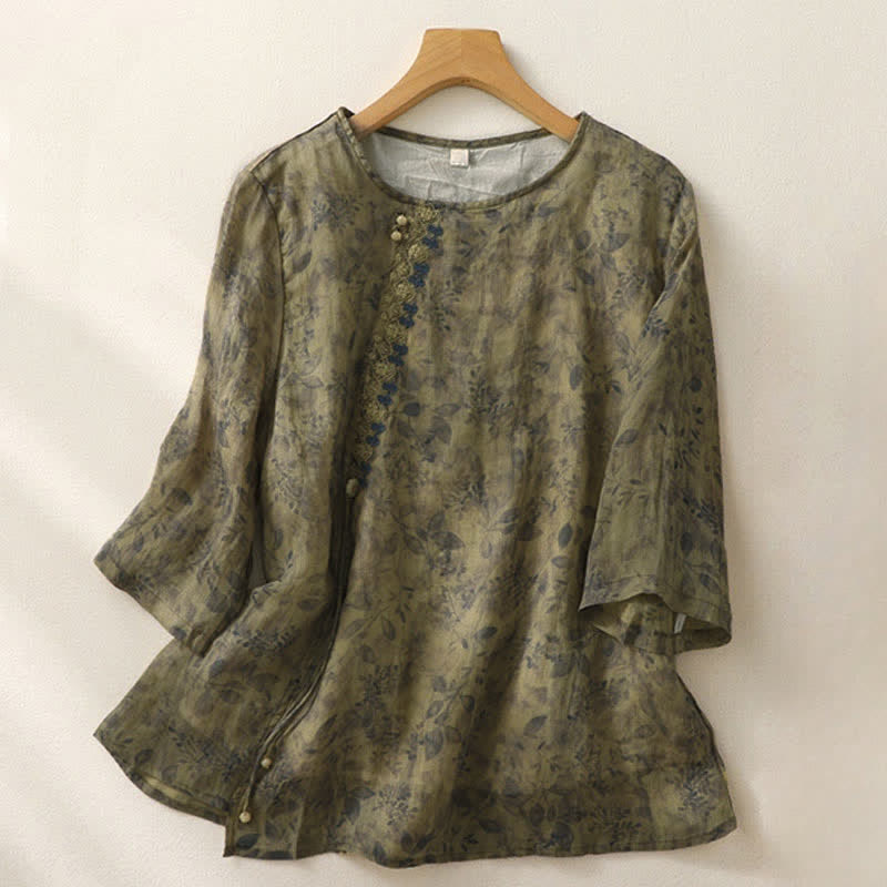 Chemise femme en coton et lin à manches trois-quarts avec broderie de Buddha Stones - Vert olive - US12，UK/AU16，EU44 (2XL) - image 14