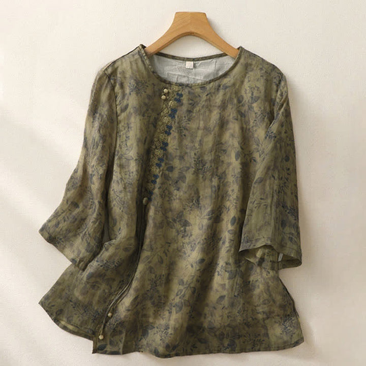Chemise femme en coton et lin à manches trois-quarts avec broderie de Buddha Stones - Vert olive - US12，UK/AU16，EU44 (2XL) - image 14
