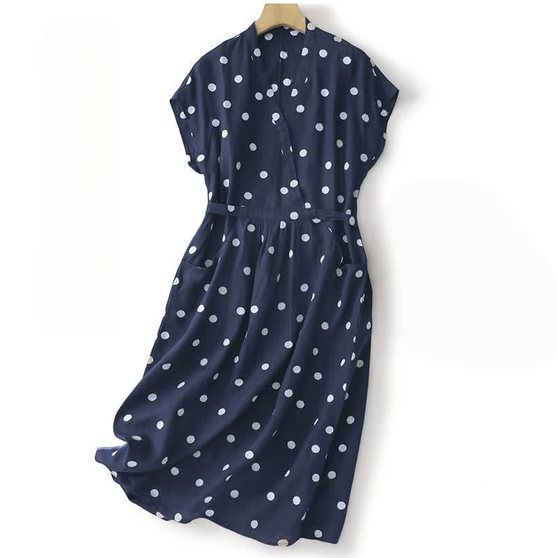 Robe midi à pois Buddha Stones , col en V, lacée et avec poches - Marine - US8-10，UK/AU12-14，EU40-42 (2XL) - image 0