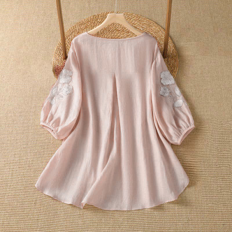 Buddha Stones T-shirt à manches longues pour femme, col rond, broderie florale blanche, style décontracté et élégant, idéal pour l'été. - image 1