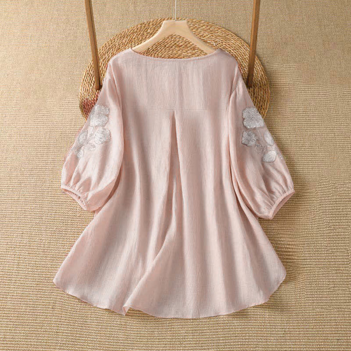 Buddha Stones T-shirt à manches longues pour femme, col rond, broderie florale blanche, style décontracté et élégant, idéal pour l'été. - image 1