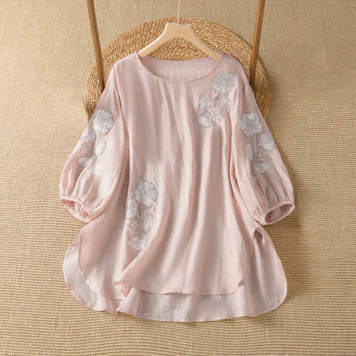 Buddha Stones T-shirt à manches longues pour femme, col rond, broderie florale blanche, style décontracté et élégant, idéal pour l'été. - MistyRose - US14, UK/AU18, EU46 (2XL) - image 0