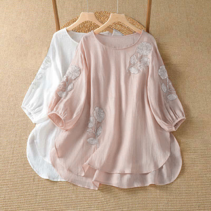 Buddha Stones T-shirt à manches longues pour femme, col rond, broderie florale blanche, style décontracté et élégant, idéal pour l'été. - image 8