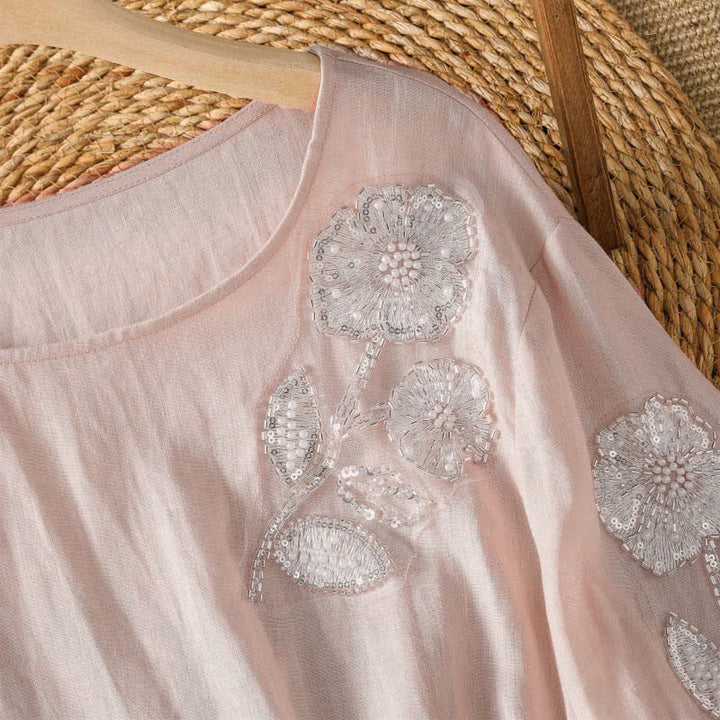 Buddha Stones T-shirt à manches longues pour femme, col rond, broderie florale blanche, style décontracté et élégant, idéal pour l'été. - image 2