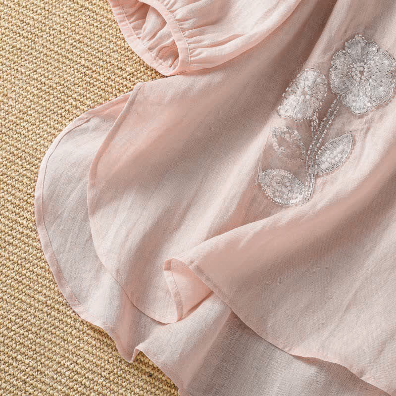 Buddha Stones T-shirt à manches longues pour femme, col rond, broderie florale blanche, style décontracté et élégant, idéal pour l'été. - image 5