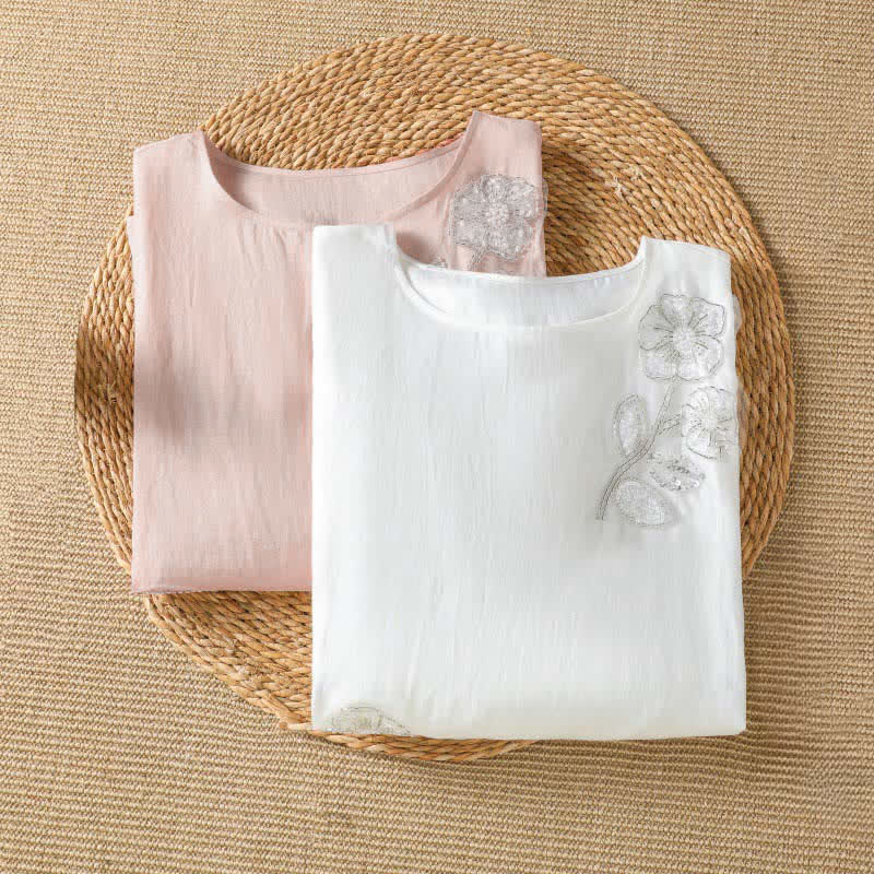 Buddha Stones T-shirt à manches longues pour femme, col rond, broderie florale blanche, style décontracté et élégant, idéal pour l'été. - image 9