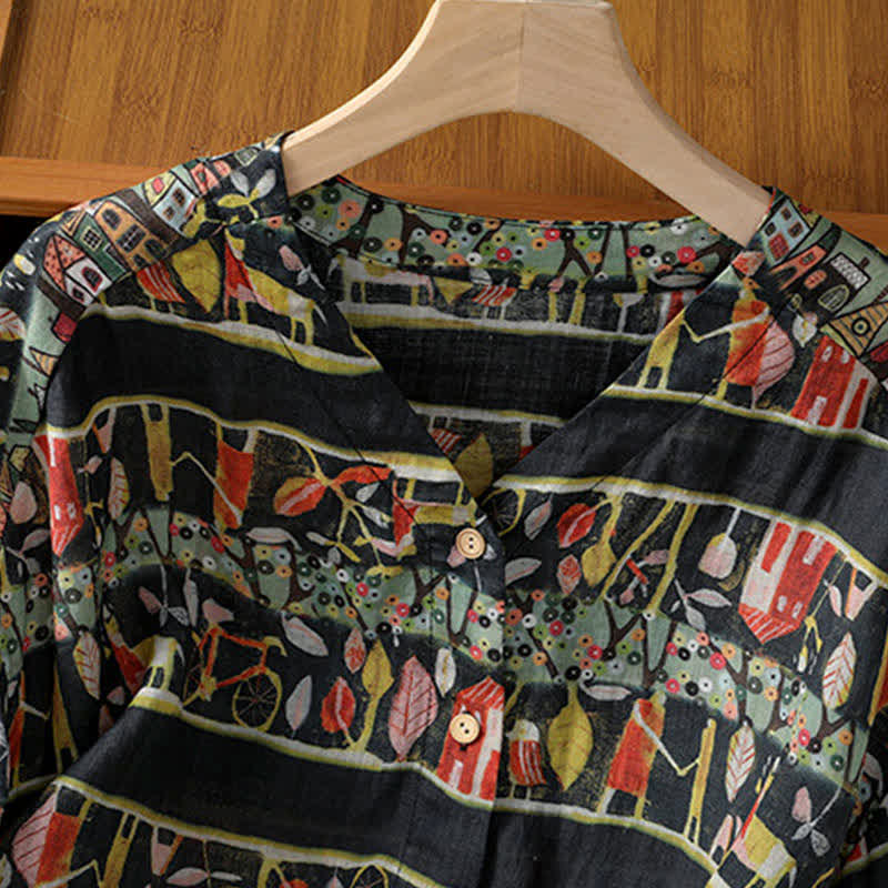 Chemise à manches trois-quarts en polyester pour femme, imprimée de Buddha Stones et de plantes, col en V et boutons. - image 11