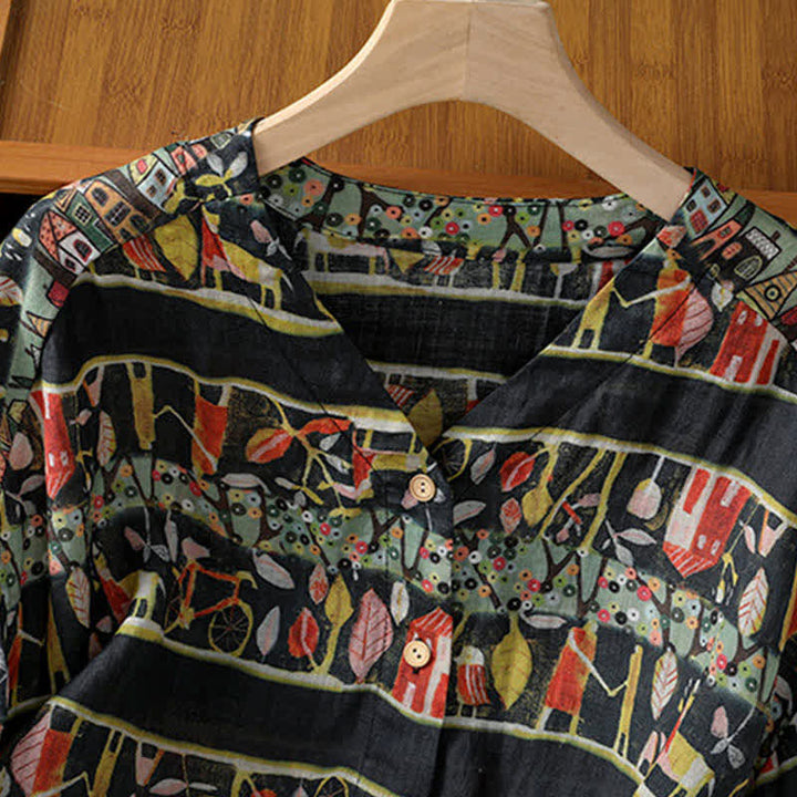 Chemise à manches trois-quarts en polyester pour femme, imprimée de Buddha Stones et de plantes, col en V et boutons. - image 11