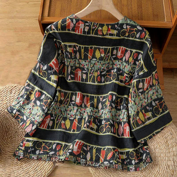 Chemise à manches trois-quarts en polyester pour femme, imprimée de Buddha Stones et de plantes, col en V et boutons. - image 10