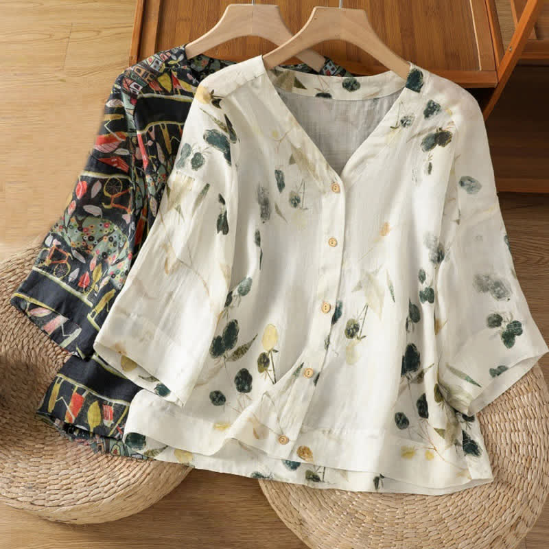 Chemise à manches trois-quarts en polyester pour femme, imprimée de Buddha Stones et de plantes, col en V et boutons. - image 16
