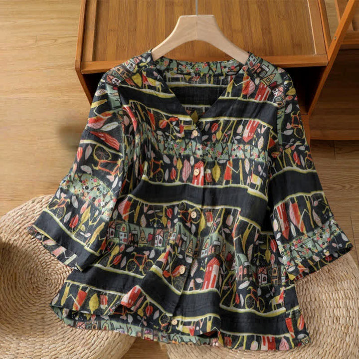 Chemise à manches trois-quarts en polyester pour femme, imprimée de Buddha Stones et de plantes, col en V et boutons. - Noir - US14，UK/AU18，EU46 (2XL) - image 9