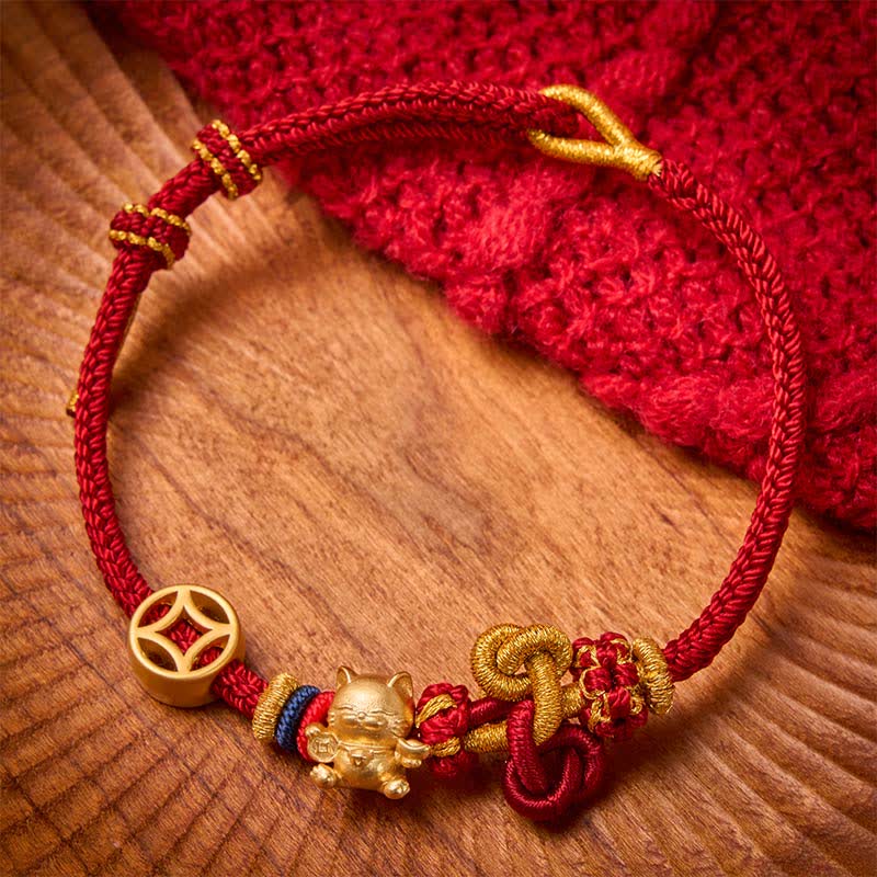 Buddha Stones Bracelet tressé de protection Golden Lucky Cat à fil rouge - Rouge foncé - image 0